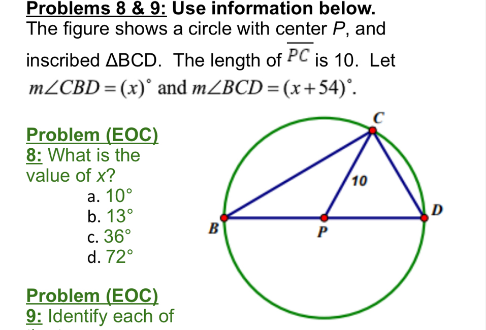 Problems 8 & 9: Use information below.
The figure shows a circle with center P, and
inscribed △ BCD. The length of overline PC is 10. Let
m∠ CBD=(x)^circ  and m∠ BCD=(x+54)^circ . 
Problem (EOC)
8: What is the
value of x?
a. 10°
b. 13°
C. 36°
d. 72°
Problem (EOC)
9: Identify each of