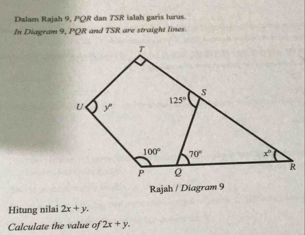 Dalam Rajah 9, PQR dan TSR ialah garis lurus.
In Diagram 9, PQR and TSR are straight lines.
Rajah / Diagram 9
Hitung nilai 2x+y.
Calculate the value of 2x+y.