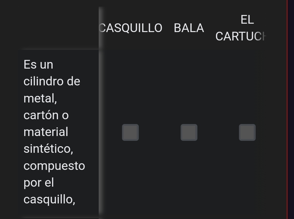 EL 
CASQUILLO BALA 
CARTUCI 
Es un 
cilindro de 
metal, 
cartón o 
material 
sintético, 
compuesto 
por el 
casquillo,