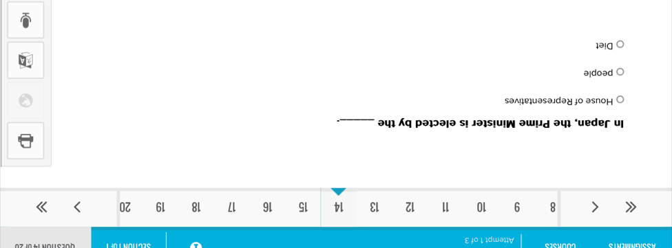 luunara Attempt 1 of 3
o ÜÜestIOn 14 üf
8 9 10 11 12 13 14 15 16 17 18 19 20
In Japan, the Prime Minister is elected by the _.
House of Representatives
people
Diet