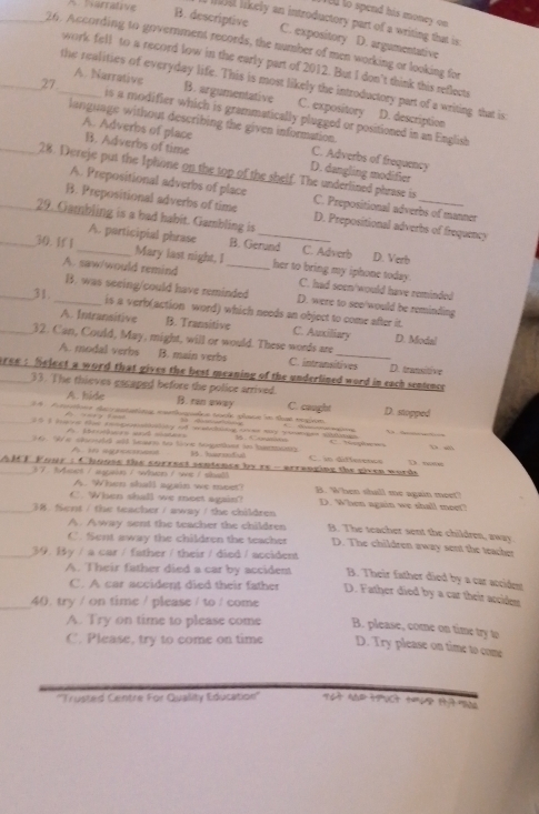 ell to spend his money on
A. Tarrative s likely an introductory part of a writing that is
B. descriptive C. expository D. argumentative
_26. According to government records, the number of men working or looking for
work fell to a record low in the early part of 2012. But I don't think this reflects
the realities of everyday life. This is most likely the introductory part of a writing that is
A. Narrative B. argumentative C. expository D. description
_27_ is a modifier which is grammatically plugged or positioned in an English
language without describing the given information.
A. Adverbs of place B. Adverbs of time D. dangling modifier
C. Adverbs of frequency
A. Prepositional adverbs of place
_28. Dereje put the Iphone on the top of the shelf. The underlined phrase is C. Prepositional adverbs of manner
B. Prepositional adverbs of time _D. Prepositional adverbs of frequency
_29. Gambling is a bad habit. Gambling is
A. participial phrase B. Gerund C. Adverb D. Verb
_30. If I_ Mary last night, I_ her to bring my iphone today. C. had seen/would have reminded
A. saw/would remind B. was seeing/could have reminded
D. were to see'would be reminding
_31._ is a verb(action word) which needs an object to come after it.
A. Intransitive B. Transitive C. Auxiliary D. Modal
_32. Can, Could, May, might, will or would. These words are
A. modal verbs B. main verbs C. intransitives D. transitive
_sree : Select a word that gives the best meaning of the underlined word in each sentence
33. The thieves etcaped before the police arrived.
A. hide B. rao away
__34. Aorther deccastating earthugus took place in that engion C. caught D. stopped
            
e t itiy of n     ct 
A. Mrotrs and ssers
_ 36. 'We slrslk ald bear to tre tegeiant in hamany  hwrxodud            C. in differencs C Tspienes D. a
A n agraamess
_AJT Four : Choose the correct sentence by rs - arranging the given words       m e n 
37. Met / again / when / we / shald B. When shall me again meet?
A. When shall again we meet?
C. When shall we meet again? D. When again we shall meet?
_38 fient / the teacher / away / the childres B. The teacher sent the children, away.
A. Away sent the teacher the children
C. Sent away the children the teacher D. The children away sent the teacher
_39. By / a car / father / their / died / accident
A. Their father died a car by accident B. Their father died by a car accident
_
C. A car accident died their father D. Father died by a car their acciden
40. try / on time / please / to / come
A. Try on time to please come B. please, come on time try to
C. Please, try to come on time D. Try please on time to come
''Trusted Centre For Quallity Education'' 96t adtpuct t6? 17