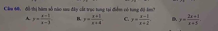 đồ thị hàm số nào sau đây cắt trục tung tại điểm có tung độ âm?
A. y= (x-1)/x-3 . B. y= (x+1)/x+4 . C. y= (x-1)/x+2 . D. y= (2x+1)/x+5 .