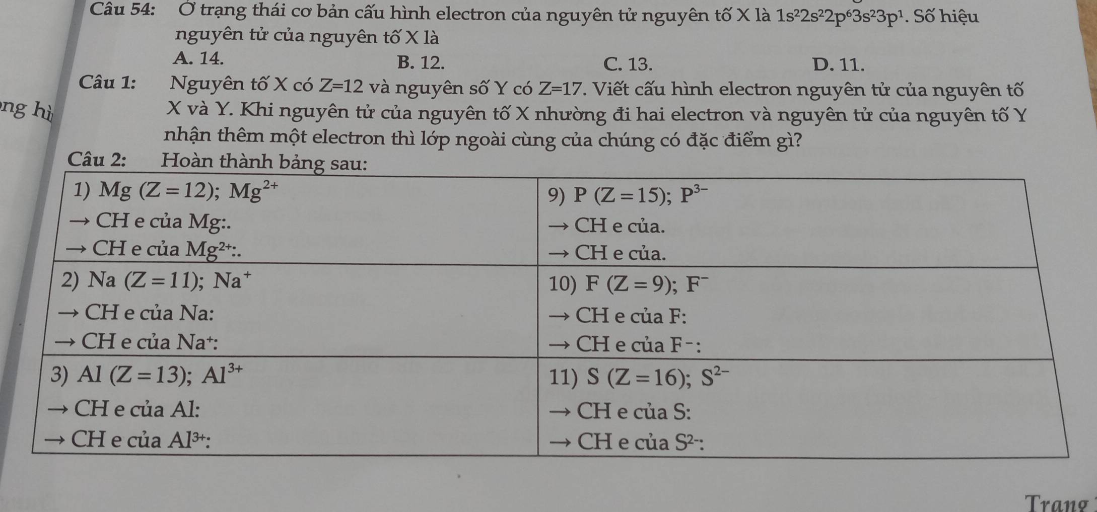 Ở trạng thái cơ bản cấu hình electron của nguyên tử nguyên tố X là 1s^22s^22p^63s^23p^1 Số hiệu
nguyên tử của nguyên tố X là
A. 14. B. 12. C. 13. D. 11.
Câu 1: Nguyên tố X có Z=12 và nguyên số Y có Z=17. Viết cấu hình electron nguyên tử của nguyên tố
ng hì X và Y. Khi nguyên tử của nguyên tố X nhường đi hai electron và nguyên tử của nguyên tố Y
nhận thêm một electron thì lớp ngoài cùng của chúng có đặc điểm gì?
Trang