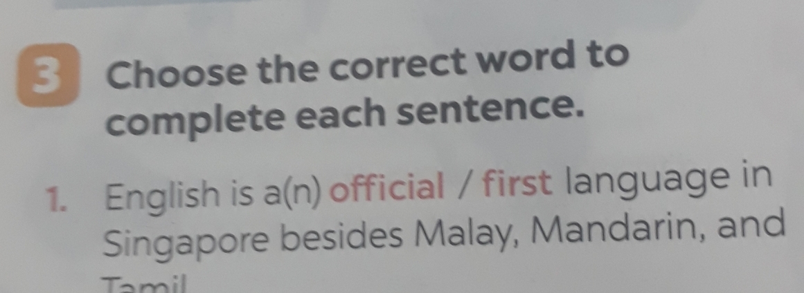 Choose the correct word to 
complete each sentence. 
1. English is a(n) official / first language in 
Singapore besides Malay, Mandarin, and 
Tamil