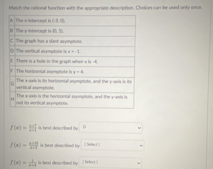 Match the rational function with the appropriate description. Choices can be used only once.
f(x)= (x+7)/x+1  is best described by D
f(x)= (x+10)/x+2  is best described by [ Select ]
f(x)= 1/x+4  is best described by [ Select ]