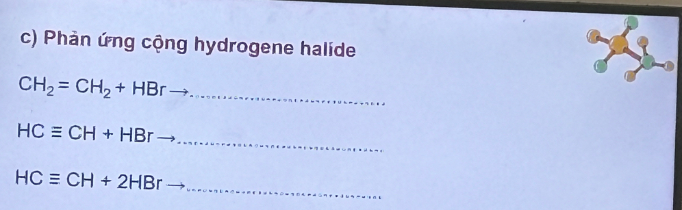 Phản ứng cộng hydrogene halide
CH_2=CH_2+HBr _ 
_
HCequiv CH+HBr
_
HCequiv CH+2HBr