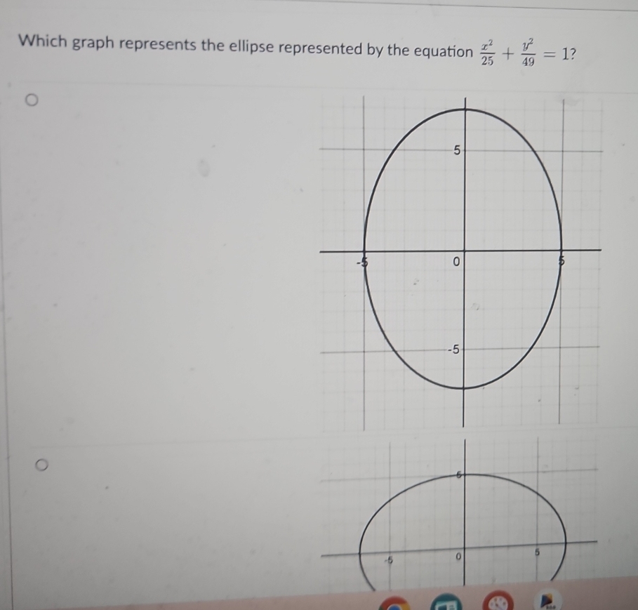 Which graph represents the ellipse represented by the equation  x^2/25 + y^2/49 =1 7
5
-5 。 5