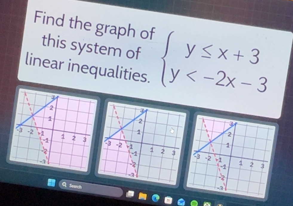 Solved: Find the graph of this system of beginarrayl y≤ x+3 y linear ...