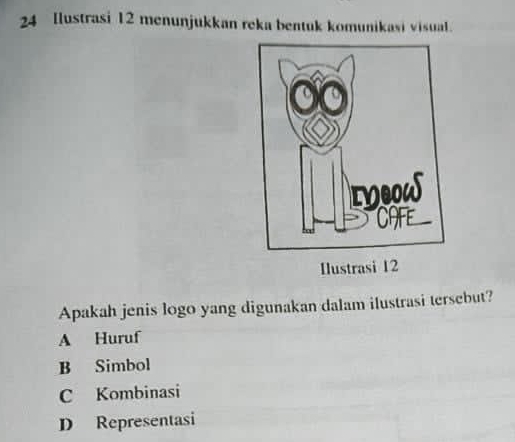 Ilustrasi 12 menunjukkan reka bentuk komunikasi visual.
Ilustrasi 12
Apakah jenis logo yang digunakan dalam ilustrasi tersebut?
A Huruf
B Simbol
C Kombinasi
D Representasi