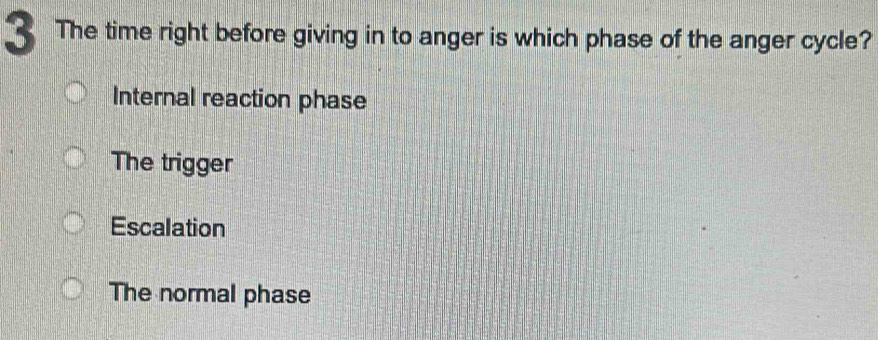 Solved: The time right before giving in to anger is which phase of the ...