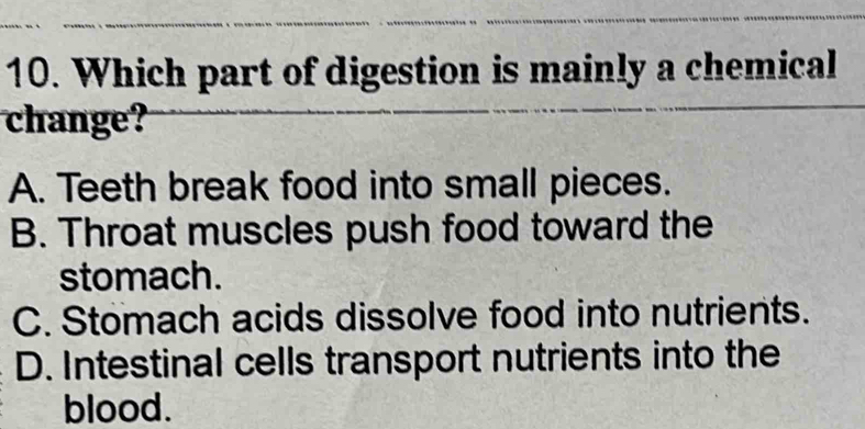 Which part of digestion is mainly a chemical
change?
A. Teeth break food into small pieces.
B. Throat muscles push food toward the
stomach.
C. Stomach acids dissolve food into nutrients.
D. Intestinal cells transport nutrients into the
blood.