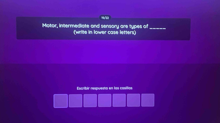 19/22 
Motor, intermediate and sensory are types of_ 
(write in lower case letters) 
Escribir respuesta en las casillas