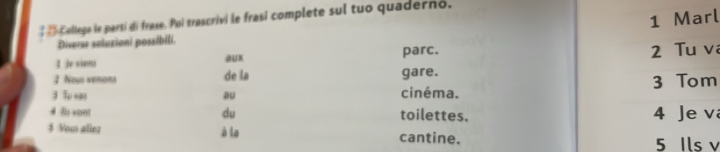 Marl 
25 Collega le parti di frase. Poi trascrivi le frasí complete sul tuo quaderno. 
Diverse søluxioni possibili. 
3 je vieni aux parc. 2 Tu v 
3 Nous venons de la gare.
3 To nas au cinéma. 3 Tom 
# lis vont toilettes. 4 Je v 
du 
$ Vous aller à la cantine. 
5 Ilsv