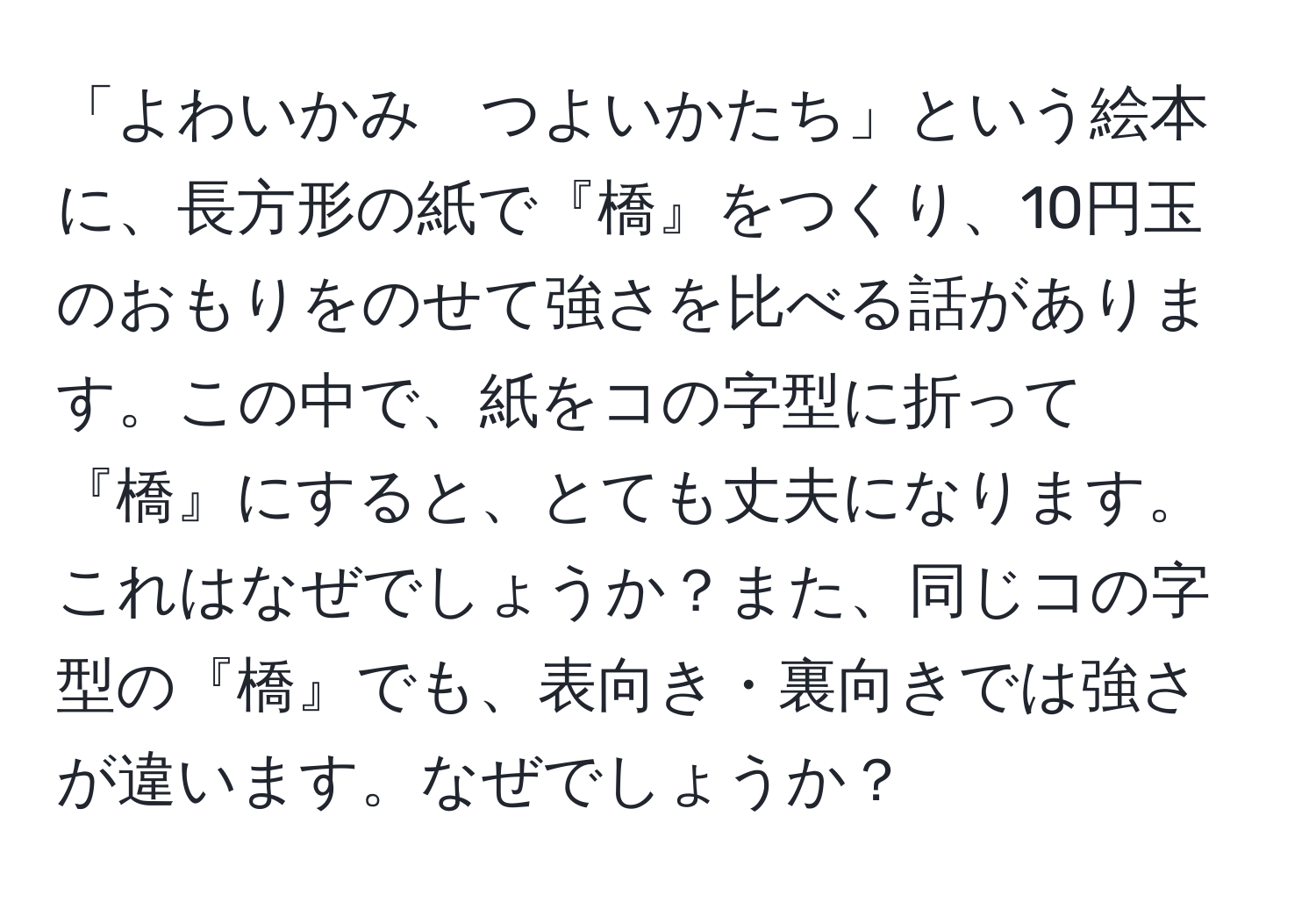 「よわいかみ　つよいかたち」という絵本に、長方形の紙で『橋』をつくり、10円玉のおもりをのせて強さを比べる話があります。この中で、紙をコの字型に折って『橋』にすると、とても丈夫になります。これはなぜでしょうか？また、同じコの字型の『橋』でも、表向き・裏向きでは強さが違います。なぜでしょうか？