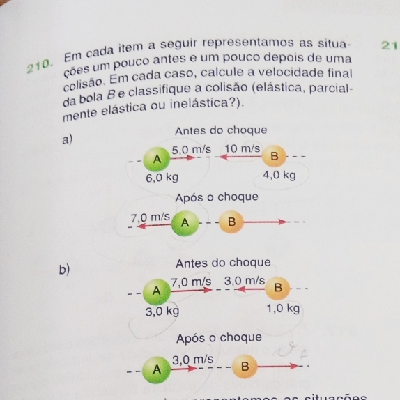 Em cada item a seguir representamos as situa 21
ções um pouco antes e um pouco depois de uma
colisão. Em cada caso, calcule a velocidade final
da bola B e classifique a colisão (elástica, parcial-
mente elástica ou inelástica?).
a)
b)
Antes do choque
A 7,0 m/s 3,0 m/s B
3,0 kg 1,0 kg
Após o choque
3,0 m/s B
A