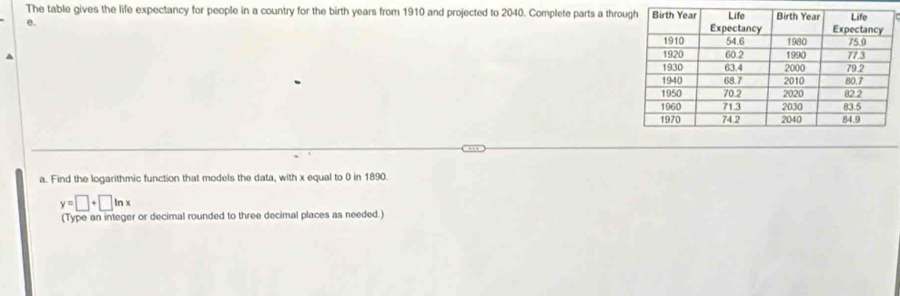 The table gives the life expectancy for people in a country for the birth years from 1910 and projected to 2040. Complete parts a thro 
e. 
. Find the logarithmic function that models the data, with x equal to 0 in 1890.
y=□ +□ ln x
(Type an integer or decimal rounded to three decimal places as needed.)