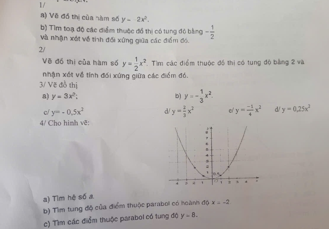 1/
a) Vẽ đồ thị của nàm số y=-2x^2.
b) Tìm toạ độ các điểm thuộc đổ thị có tung độ bằng - 1/2 
và nhận xét về tính đối xứng giữa các điểm đó.
2/
Vẽ đồ thị của hàm số y= 1/2 x^2. Tìm các điểm thuộc đồ thị có tung độ bằng 2 và
nhận xét về tính đối xứng giữa các điểm đó.
3/ Vẽ đồ thị
a) y=3x^2; b) y=- 1/3 x^2.
e/
c/ y=-0,5x^2 y= 2/3 x^2 y= (-1)/4 x^2 d/ y=0,25x^2
d/
4/ Cho hình vẽ:
a) Tìm hệ số a.
b) Tìm tung độ của điểm thuộc parabol có hoành độ x=-2.
c) Tìm các điểm thuộc parabol có tung độ y=8.