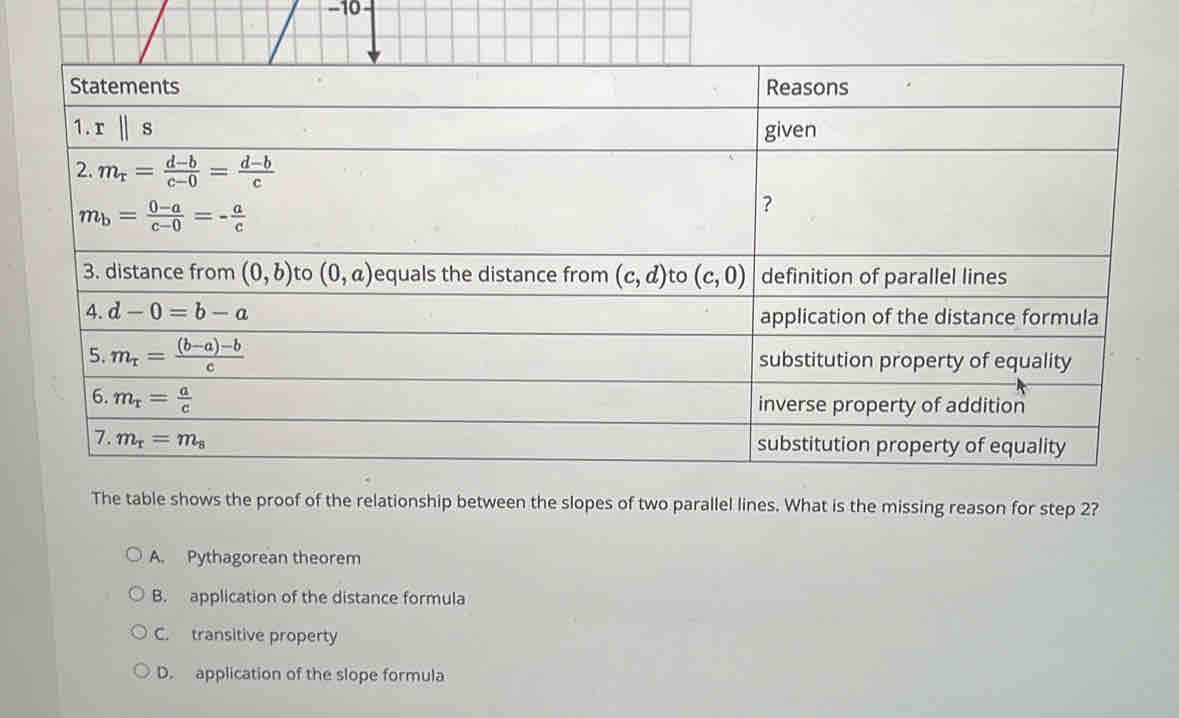 The table shows the proof of the relationship between the slopes of two parallel lines. What is the missing reason for step 2?
A. Pythagorean theorem
B. application of the distance formula
C. transitive property
D. application of the slope formula