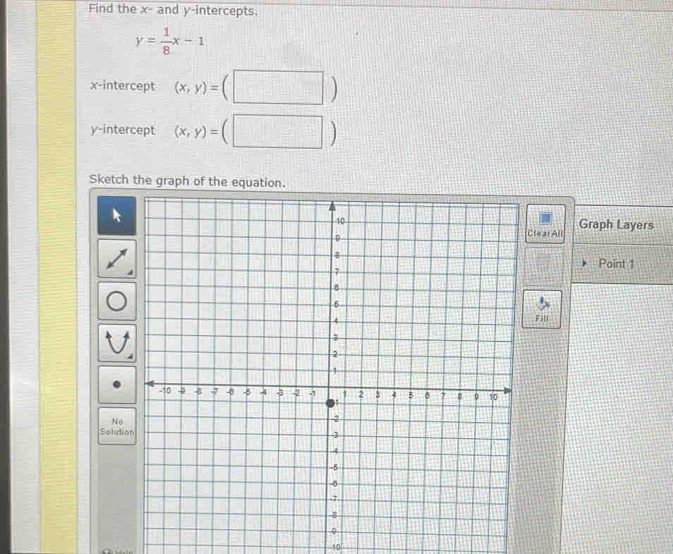 Find the x - and y-intercepts.
y= 1/8 x-1
x-intercept (x,y)= (□ )
y-intercept (x,y)=(□ )
Sketch the graph of the 
Graph Layers 
lear All 
Point 1 
Fill 
No 
Solutio 
10