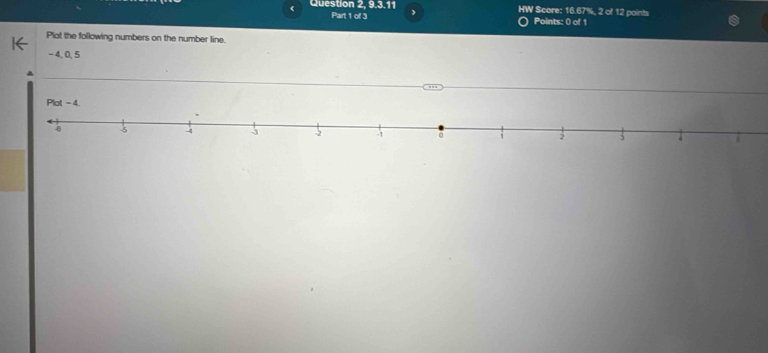 < Question 2, 9.3.11 ) HW Score:  16.67%, 2 of 12 points 
Part 1 of 3 Points: 0 of 1 
Plot the following numbers on the number line
- 4, 0, 5
a