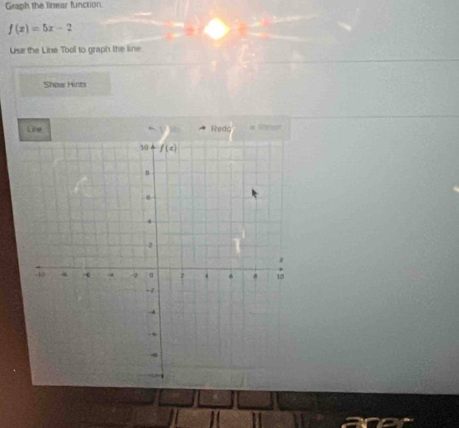 Graph the linear function
f(x)=5x-2
Use the Line Tool to graph the line
Show Hints
Line Reda ad Reeresion