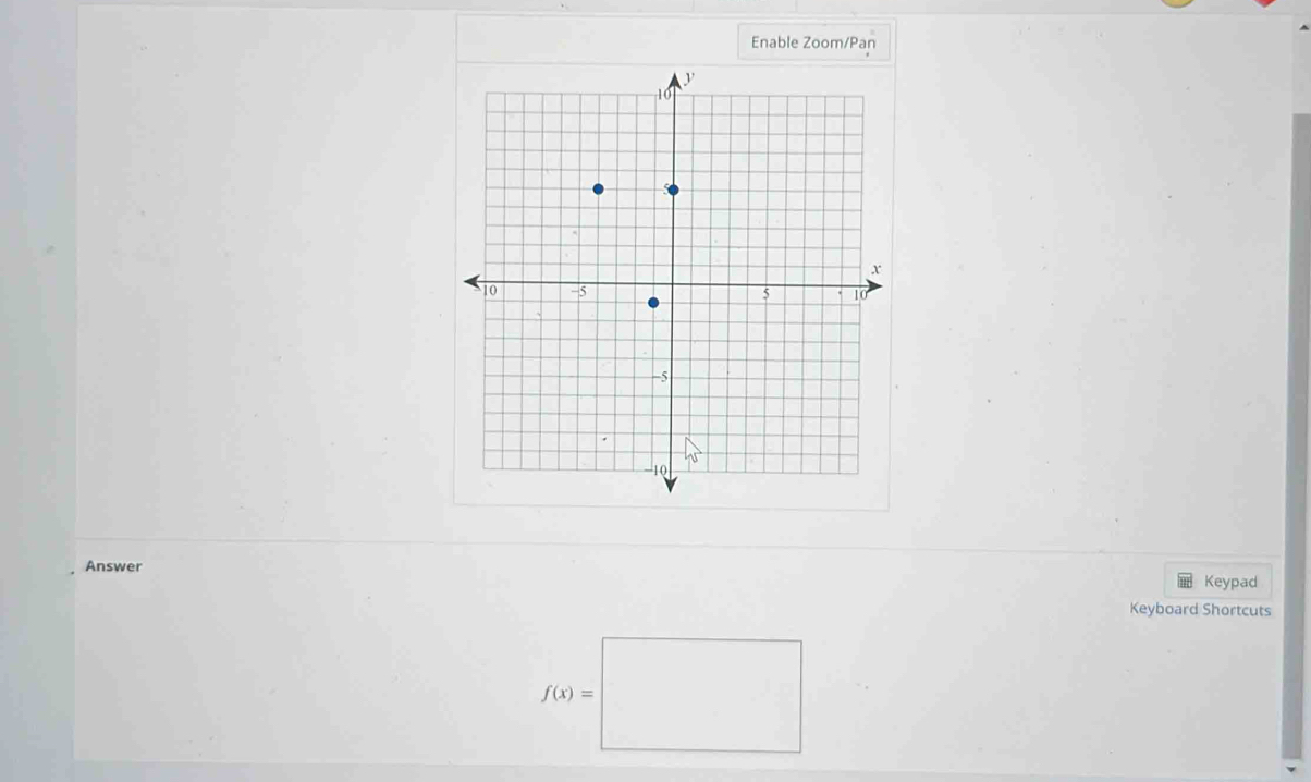 Enable Zoom/Pan 
Answer 
Keypad 
Keyboard Shortcuts
f(x)=□
