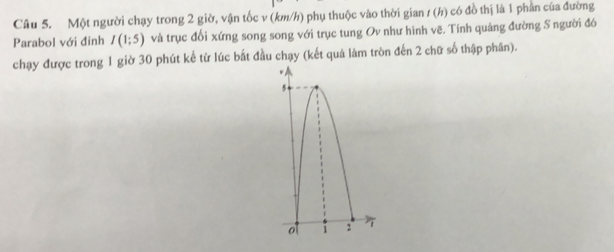 Một người chạy trong 2 giờ, vận tốc v (km/h) phụ thuộc vào thời gian / (h) có đồ thị là 1 phần của đường 
Parabol với đinh I(1;5) và trục đối xứng song song với trục tung Ov như hình vẽ. Tính quảng đường S người đó 
chạy được trong 1 giờ 30 phút kể từ lúc bắt đầu chạy (kết quả làm tròn đến 2 chữ số thập phân).