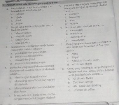 Pilihlah salah satu jawaban yang paling benar!
1. Perpändahan Nabi Muhammad dari 5. Penduduk Madinah yang menolong umat
Makkah ke Madinah disebut _Islam yang berhijrah ke Madinah disebut
a. dakwah kaum ....
a muhajīrin
b. hijrah b. hawariyin
c jihad
d. jinayah c. ansar
2. Masild yang didirkan Rasulullah saw, di d. musyrik
a. Masjīd Nabawi 6. Arti hijrah secara bahasa adaian ....
Madinah adalah ....
b. Masjīdil Haram b. memohon a. memanggil
c. Masjid Quba c. meninggaïkan
d. Masjidil Aksa d. menyatukan
3. Rasulullah saw membangun kesejähteraan 7. Orang yang membawa makanan kepada
masyarakat melalui kegiatan  Abu Bakar dan Raşululiah di Guạ Tsur
a. pendidikan dan peperangan adalah ...
b. perjalanan dan penelitian a Asma
c. dakwah dan jihad b. Aisyah
d. ekonomi dan perdagangan c. Abdullah bin Abu Bakar
d. Ali bin Abi Thalib
4. Berikut hal yang tidak dilakukan oleh Nabi 8. Orang yang menempati tempat tidur Nabi
Muhammad sewaktu hijrah di Madinah
adalah Muhammad saw. ketika beliau hendak
a. Membangun Masjid Nabawi berangkat berhijrah adaiah ....
b. Memerangi kaum Yahudi dan Nasrani a. Ali bin Abi Thalib
di Madinah b. Zaid bin Haritsah
c. Mempersaudarakan kaum Muhajirin c. Abu Bakar ash-Shiddiq
dan Ansar d. Utsman bin Affan
d. Mengadakan perjanjian damai
dengan membentuk piagam Madinah