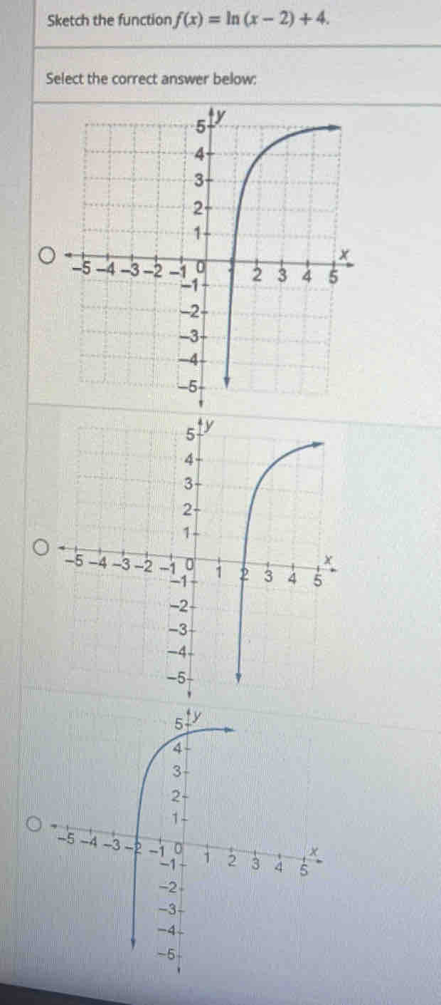 Sketch the function f(x)=ln (x-2)+4. 
Select the correct answer below: