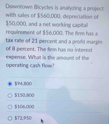 Downtown Bicycles is analyzing a project
with sales of $560,000, depreciation of
$50,000, and a net working capital
requirement of $56,000. The firm has a
tax rate of 21 percent and a proft margin
of 8 percent. The firm has no interest
expense. What is the amount of the
operating cash flow?
$94,800
$150,800
$106,000
$72,950