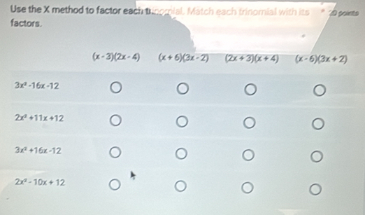 Use the X method to factor each trinomial. Match each trinomial with its  pointo
factors.