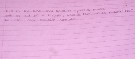 pon is the most used metal in engqneeting mreess 
with an aid of a diagram, describe how non is poduced rrom 
k ore, show equations applicable