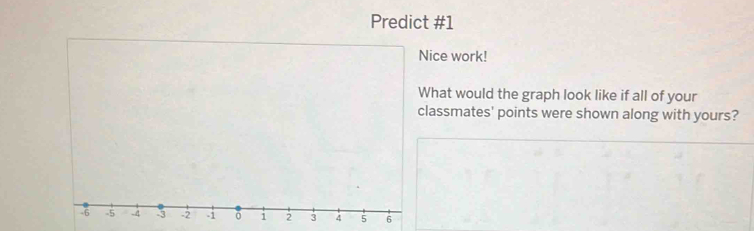 Predict #1 
Nice work! 
What would the graph look like if all of your 
classmates' points were shown along with yours?
-6 -5 -4 -3 -2 -i 1 2 3 4 5 6