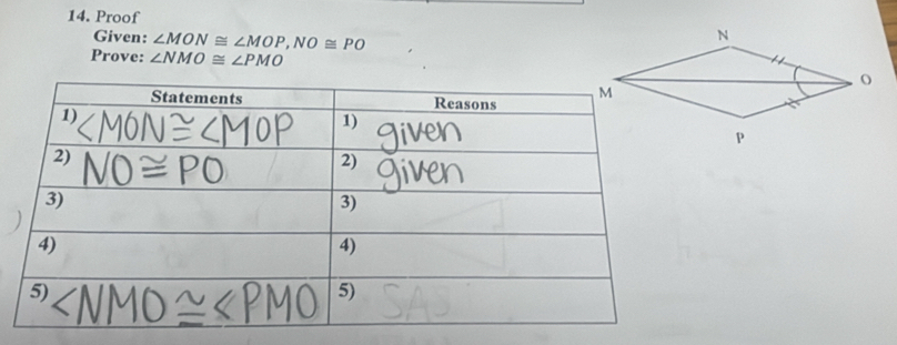 Proof 
Given: ∠ MON≌ ∠ MOP, NO≌ PO
Prove: ∠ NMO≌ ∠ PMO