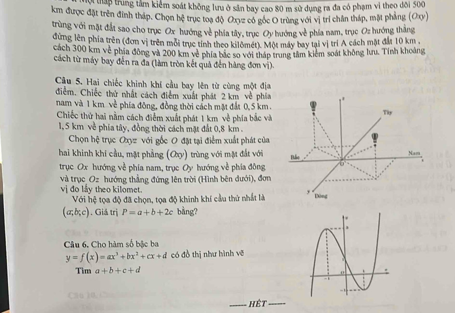 Tội thập trung tâm kiểm soát không lưu ở sân bay cao 80 m sử dụng ra đa có phạm vi theo dõi 500
km được đặt trên đỉnh tháp. Chọn hệ trục toạ độ Oxyz có gốc O trùng với vị trí chân tháp, mặt phẳng (Oxy)
trùng với mặt đất sao cho trục Ox hướng về phía tây, trục Oy hướng về phía nam, trục Oz hướng thẳng
đứng lên phía trên (đơn vị trên mỗi trục tính theo kilômét). Một máy bay tại vị trí A cách mặt đất 10 km ,
cách 300 km về phía đông và 200 km về phía bắc so với tháp trung tâm kiểm soát không lưu. Tính khoảng
cách từ máy bay đến ra đa (làm tròn kết quả đến hàng đơn vị).
Câu 5. Hai chiếc khinh khí cầu bay lên từ cùng một địa
điểm. Chiếc thứ nhất cách điểm xuất phát 2 km về phía
'
nam và 1 km về phía đông, đồng thời cách mặt đất 0,5 km.
Chiếc thứ hai nằm cách điểm xuất phát 1 km về phía bắc và Tây
1, 5 km về phía tây, đồng thời cách mặt đất 0,8 km .
Chọn hệ trục Oxyz với gốc O đặt tại điểm xuất phát của
hai khinh khí cầu, mặt phẳng (Oxy) trùng với mặt đất với Bắc
Nam
trục Ox hướng về phía nam, trục Oy hướng về phía đông
và trục Oz hướng thẳng đứng lên trời (Hình bên dưới), đơn
vị đo lấy theo kilomet.
Với hệ tọa độ đã chọn, tọa độ khinh khí cầu thứ nhất là Dòng
(a;b;c). Giá trị P=a+b+2c bằng?
Câu 6. Cho hàm số bậc ba
y=f(x)=ax^3+bx^2+cx+d có đồ thị như hình vẽ
Tìm a+b+c+d
Cầu 10
_hÉt_