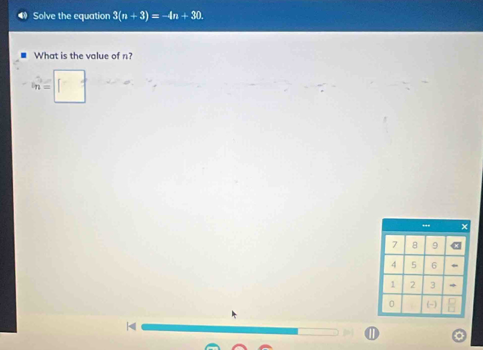 Solve the equation 3(n+3)=-4n+30. 
What is the value of n?
n=[]..
7 8 9
4 5 6
1 2 3
0 (~) 
①