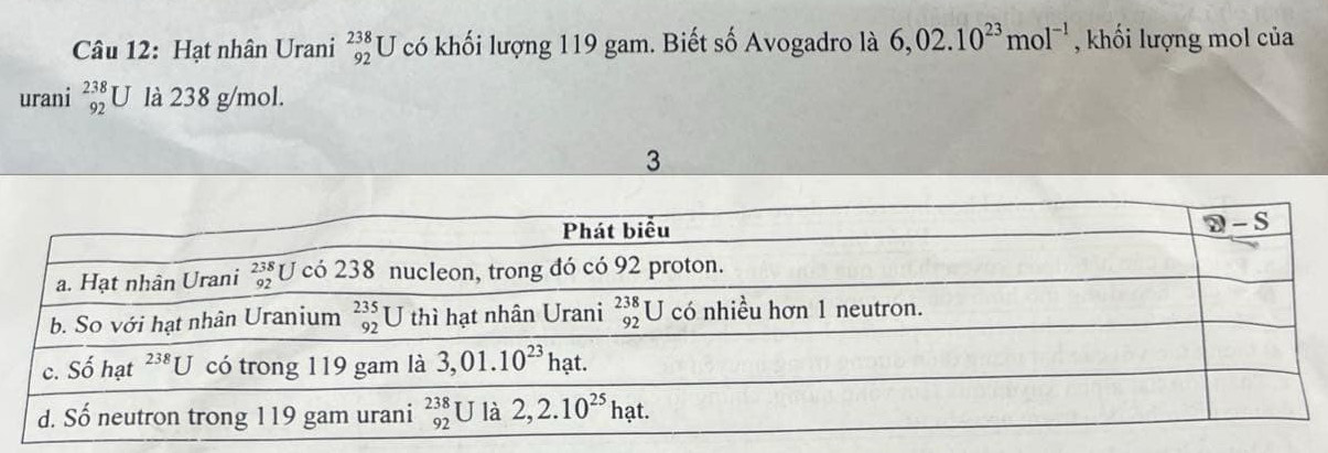 Hạt nhân Urani _(92)^(238)U có khối lượng 119 gam. Biết số Avogadro là 6,02.10^(23)mol^(-1) , khối lượng mol của
urani _(92)^(238)U là 238 g/mol.
3