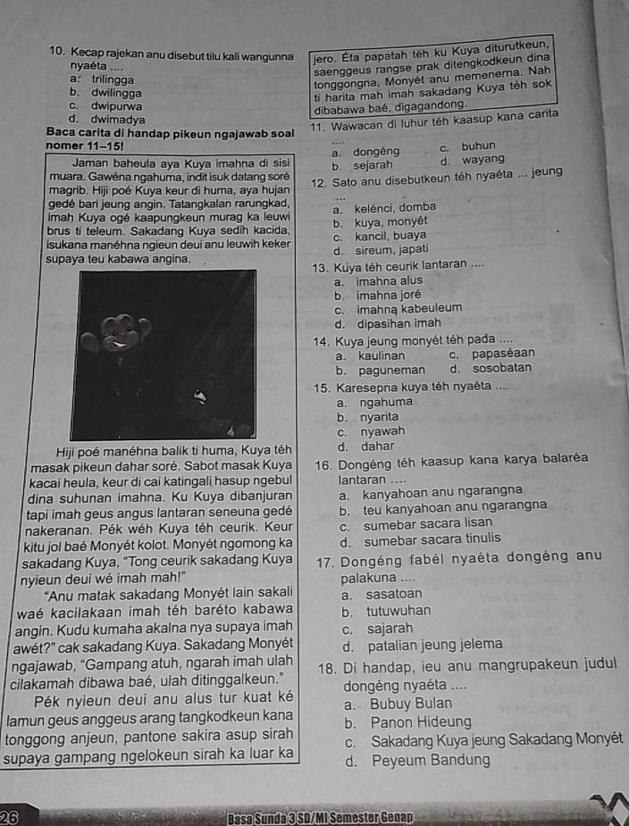 Kecap rajekan anu disebut tilu kali wangunna jero. Éta papatah téh ku Kuya diturutkeun,
nyaéta ....
saenggeus rangse prak ditengkodkeun dina
a: trilingga
tonggongna, Monyét anu memenerna. Nah
b. dwilingga
ti harita mah imah sakadang Kuya têh sok
c. dwipurwa
dibabawa baé, digagandong.
d. dwimadya
Baca carita di handap pikeun ngajawab soal
11. Wawacan di luhur téh kaasup kana carita
nomer 11-15! c. buhun
Jaman baheula aya Kuya imahna di sisi a. dongéng
muara. Gawéna ngahuma, indit isuk datang soré b. sejarah d wayang
magrib. Hiji poé Kuya keur di huma, aya hujan  12. Sato anu disebutkeun téh nyaéta ... jeung
gedé bari jeung angin. Tatangkalan rarungkad.
imah Kuya ogé kaapungkeun murag ka leuw a. kelénci, domba
brus ti teleum. Sakadang Kuya sedih kacida, b. kuya, monyét
isukana manéhna ngieun deui anu leuwih keker c. kancil, buaya
supaya teu kabawa angina. d sireum, japati
13. Kuya téh ceurik lantaran ....
a. imahna alus
b imahna joré
c. imahna kabeuleum
d. dipasihan imah
14. Kuya jeung monyét téh pada ....
a. kaulinan c. papaséaan
b. paguneman d. sosobatan
15. Karesepna kuya tếh nyaéta ....
a. ngahuma
b. nyarita
c. nyawah
Hiji poé manéhna balik ti huma, Kuya téh d. dahar
masak pikeun dahar soré. Sabot masak Kuya 16. Dongéng téh kaasup kana karya balaréa
kacai heula, keur di cai katingali hasup ngebul lantaran ....
dina suhunan imahna. Ku Kuya dibanjuran a. kanyahoan anu ngarangna
tapi imah geus angus lantaran seneuna gedé b. teu kanyahoan anu ngarangna
nakeranan. Pék wéh Kuya téh ceurik. Keur c. sumebar sacara lisan
kitu jol baé Monyét kolot. Monyét ngomong ka d. sumebar sacara tinulis
sakadang Kuya, “Tong ceurik sakadang Kuya  17. Dongéng fabél nyaéta dongéng anu
nyieun deui wé imah mah!" palakuna ....
*Anu matak sakadang Monyét lain sakali a. sasatoan
waé kacilakaan imah téh baréto kabawa b. tutuwuhan
angin. Kudu kumaha akalna nya supaya imah c. sajarah
awét?" cak sakadang Kuya. Sakadang Monyét d. patalian jeung jelema
ngajawab, “Gampang atuh, ngarah imah ulah
cilakamah dibawa baé, ulah ditinggalkeun." 18. Di handap, ieu anu mangrupakeun judul
Pék nyieun deui anu alus tur kuat ké dongéng nyaéta ....
lamun geus anggeus arang tangkodkeun kana a. Bubuy Bulan
tonggong anjeun, pantone sakira asup sirah b. Panon Hideung
supaya gampang ngelokeun sirah ka luar ka c. Sakadang Kuya jeung Sakadang Monyét
d. Peyeum Bandung
26 Basa Sunda 3 SD/MI Semester Genap