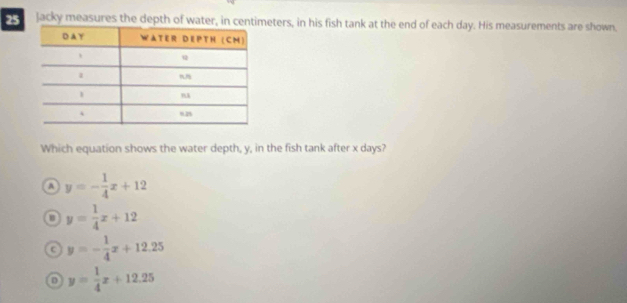 Jacky measures the depth of water, in centimeters, in his fish tank at the end of each day. His measurements are shown.
Which equation shows the water depth, y, in the fish tank after x days?
a y=- 1/4 x+12
o y= 1/4 x+12
a y=- 1/4 x+12.25
D y= 1/4 x+12.25