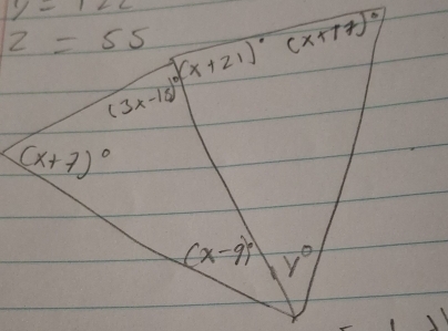 y=122
z=55 (x+21)^circ (x+77)^circ 
(3x-18)^circ 
(x+7)^circ 
(x-9)^circ  y°