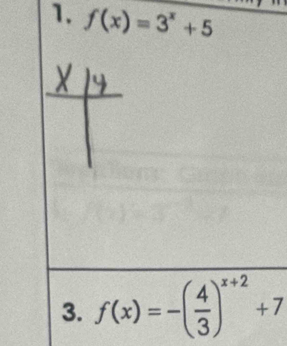 f(x)=3^x+5
3. f(x)=-( 4/3 )^x+2+7