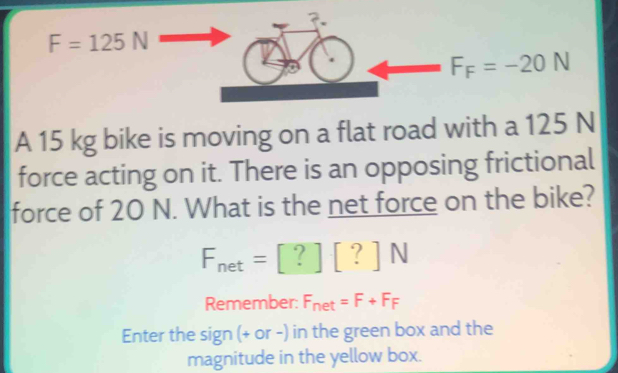 F=125N
F_F=-20N
A 15 kg bike is moving on a flat road with a 125 N
force acting on it. There is an opposing frictional 
force of 20 N. What is the net force on the bike?
F_net=[?][?]N
Remember: F_net=F+F_F
Enter the sign (+ or -) in the green box and the 
magnitude in the yellow box.