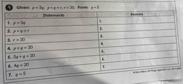 Given: p=3q,p+q=r,r=20; Prove: q=5
20