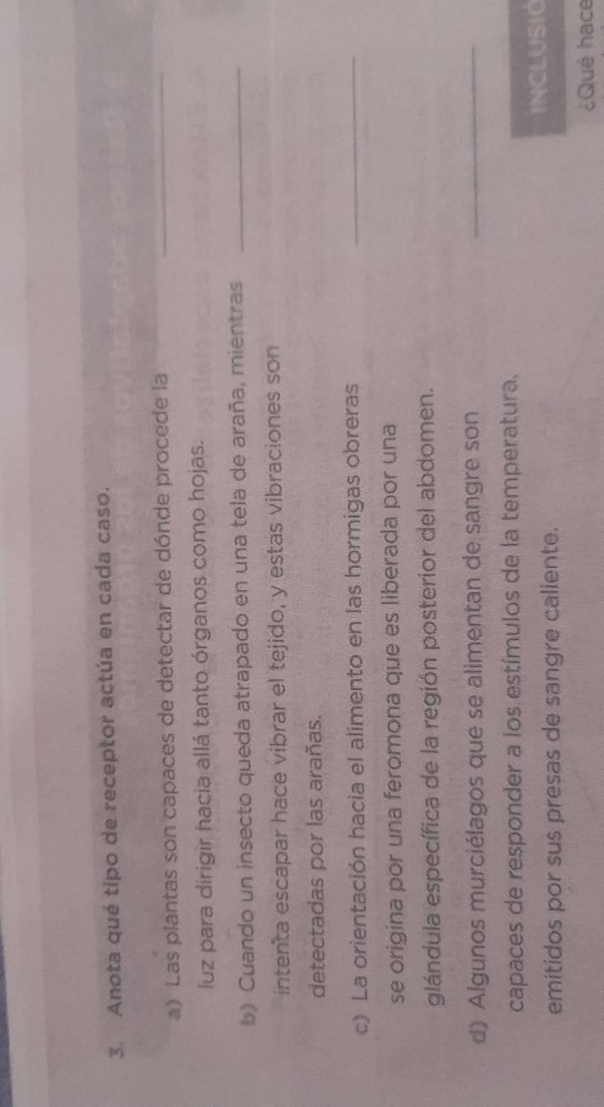 Anota qué tipo de receptor actúa en cada caso. 
a) Las plantas son capaces de detectar de dónde procede la_ 
luz para dirigir hacia allá tanto órganos como hojas. 
b) Cuando un insecto queda atrapado en una tela de araña, mientras_ 
intenta escapar hace vibrar el tejido, y estas vibraciones son 
detectadas por las arañas. 
c) La orientación hacia el alimento en las hormigas obreras_ 
se origina por una feromona que es liberada por una 
glándula específica de la región posterior del abdomen. 
d) Algunos murciélagos que se alimentan de sangre son 
_ 
capaces de responder a los estímulos de la temperatura, 
INCLUSIC 
emitidos por sus presas de sangre caliente. 
¿Qué hace