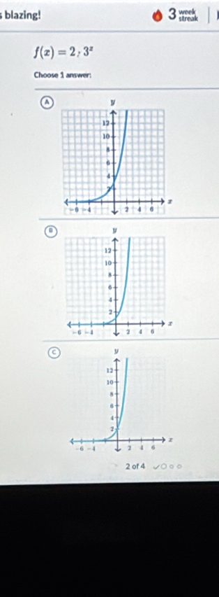 blazing!
f(x)=2,3^x
Choose 1 answer: 
a
2 of 4