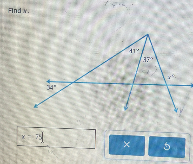 Find x.
x=75
×