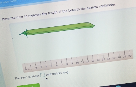 a seus nivel 
Move the ruler to measure the length of the bean to the nearest centimeter,
11 12 13 14 15 16 17 18 19 20
0cm 1 2 3 4 5 6 7 B 9 10
The bean is about □ centimeters long.