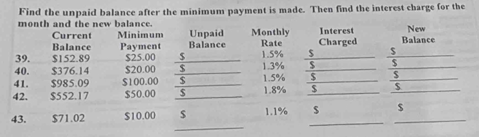 Find the unpaid balance after the minimum payment is made. Then find the interest charge for the
month and the new balance. New 
Current Minimum Unpaid Monthly Interest 
_ 
Balance Payment Balance Rate Charged Balance 
39. $152.89 $25.00 _ $ 1.5% _$ 
$ 
40. $376.14 $20.00 _ $ 1.3% _ $ _ $
41. $985.09 $100.00 _ $ 1.5% _$ _$ 
42. $552.17 $50.00 _ $
1.8% _ $ _ $
_ 
43. $71.02 $10.00 $ 
_
1.1% $ $
_