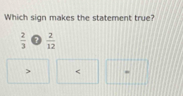 Which sign makes the statement true?
 2/3   2/12 
=