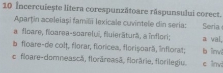 10 Încercuiește litera corespunzătoare răspunsului corect. 
Aparţin aceleiași familii lexicale cuvintele din seria: Seria 
a floare, floarea-soarelui, fluierătură, a înflori; a val, 
b floare-de colţ, florar, floricea, florișoară, înflorat; b în và 
c floare-domnească, florăreasă, florărie, florilegiu. c înva